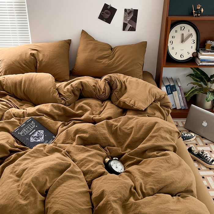 91家纺网 家纺一手货源 找家纺 优尚佳生活馆 2025新款ins风超柔褶皱亲肤磨毛水洗棉四件套纯色系列（风格二） 玛瑙黄