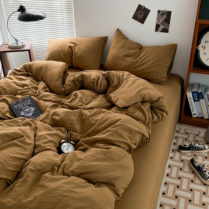 91家纺网 家纺一手货源 找家纺 优尚佳生活馆 2025新款ins风超柔褶皱亲肤磨毛水洗棉四件套纯色系列（风格二） 玛瑙黄