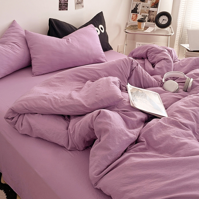 91家纺网 家纺一手货源 找家纺 优尚佳生活馆 2025新款ins风超柔褶皱亲肤磨毛水洗棉四件套纯色系列（风格一） 芋泥紫