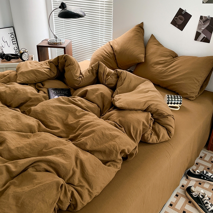 91家纺网 家纺一手货源 找家纺 优尚佳生活馆 2025新款ins风超柔褶皱亲肤磨毛水洗棉四件套纯色系列（风格二） 玛瑙黄