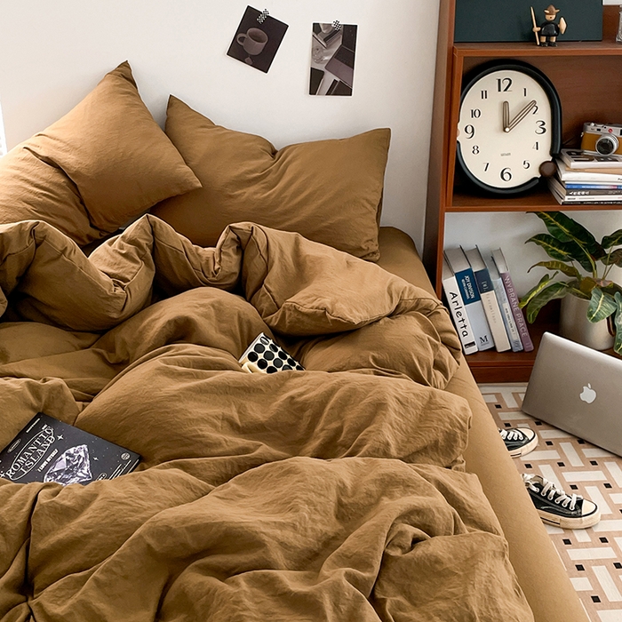 91家纺网 家纺一手货源 找家纺 优尚佳生活馆 2025新款ins风超柔褶皱亲肤磨毛水洗棉四件套纯色系列（风格二） 玛瑙黄