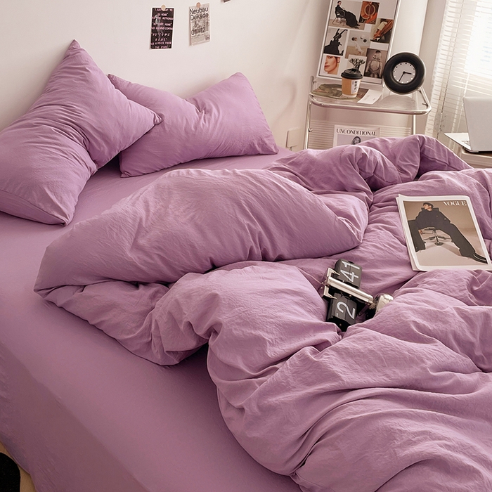 91家纺网 家纺一手货源 找家纺 优尚佳生活馆 2025新款ins风超柔褶皱亲肤磨毛水洗棉四件套纯色系列（风格一） 芋泥紫