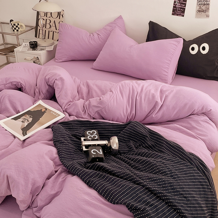 91家纺网 家纺一手货源 找家纺 优尚佳生活馆 2025新款ins风超柔褶皱亲肤磨毛水洗棉四件套纯色系列（风格一） 芋泥紫