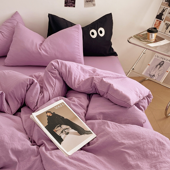 91家纺网 家纺一手货源 找家纺 优尚佳生活馆 2025新款ins风超柔褶皱亲肤磨毛水洗棉四件套纯色系列（风格一） 芋泥紫