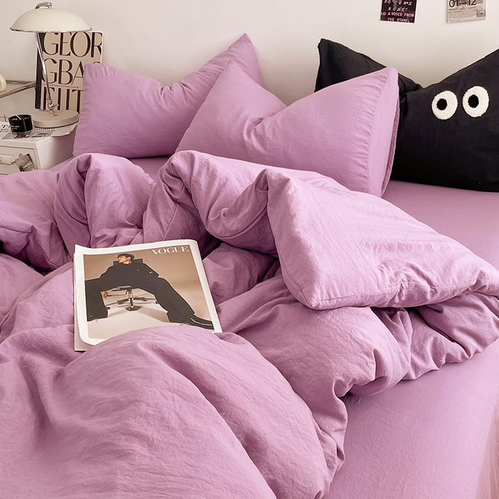 91家纺网 家纺一手货源 找家纺 优尚佳生活馆 2025新款ins风超柔褶皱亲肤磨毛水洗棉四件套纯色系列（风格一） 芋泥紫