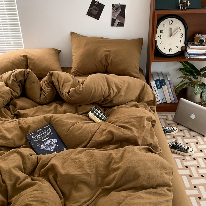 91家纺网 家纺一手货源 找家纺 优尚佳生活馆 2025新款ins风超柔褶皱亲肤磨毛水洗棉四件套纯色系列（风格二） 玛瑙黄