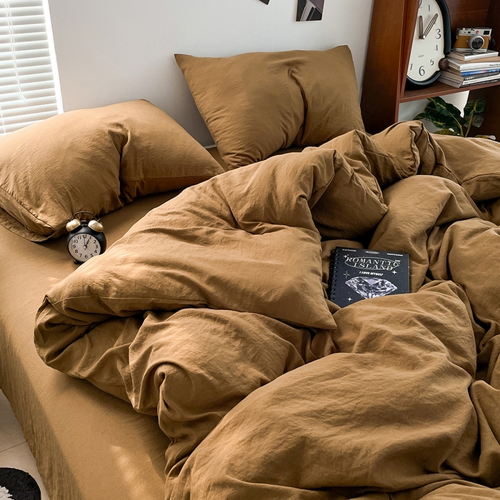 91家纺网 家纺一手货源 找家纺 优尚佳生活馆 2025新款ins风超柔褶皱亲肤磨毛水洗棉四件套纯色系列（风格二） 玛瑙黄