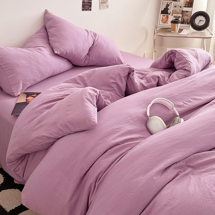 91家纺网 家纺一手货源 找家纺 优尚佳生活馆 2025新款ins风超柔褶皱亲肤磨毛水洗棉四件套纯色系列（风格一） 芋泥紫