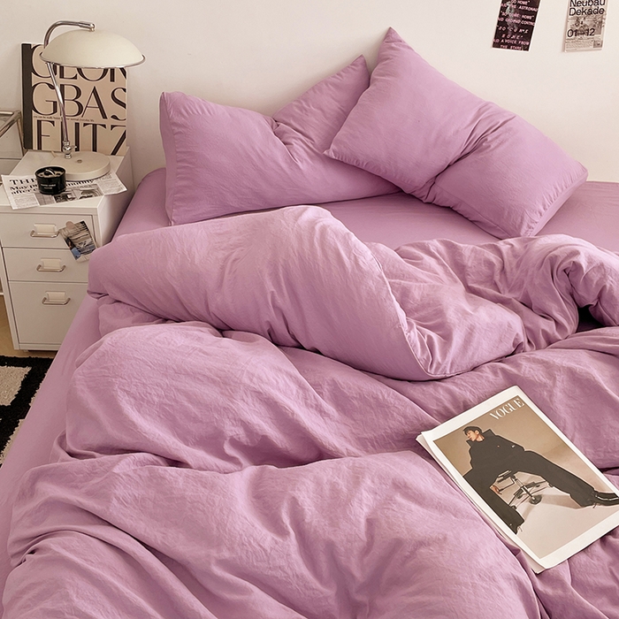 91家纺网 家纺一手货源 找家纺 优尚佳生活馆 2025新款ins风超柔褶皱亲肤磨毛水洗棉四件套纯色系列（风格一） 芋泥紫