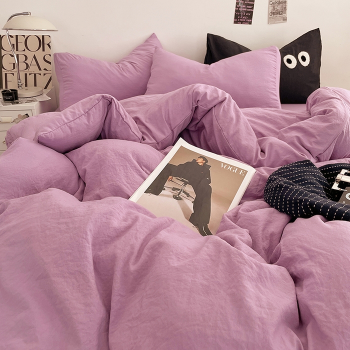 91家纺网 家纺一手货源 找家纺 优尚佳生活馆 2025新款ins风超柔褶皱亲肤磨毛水洗棉四件套纯色系列（风格一） 芋泥紫