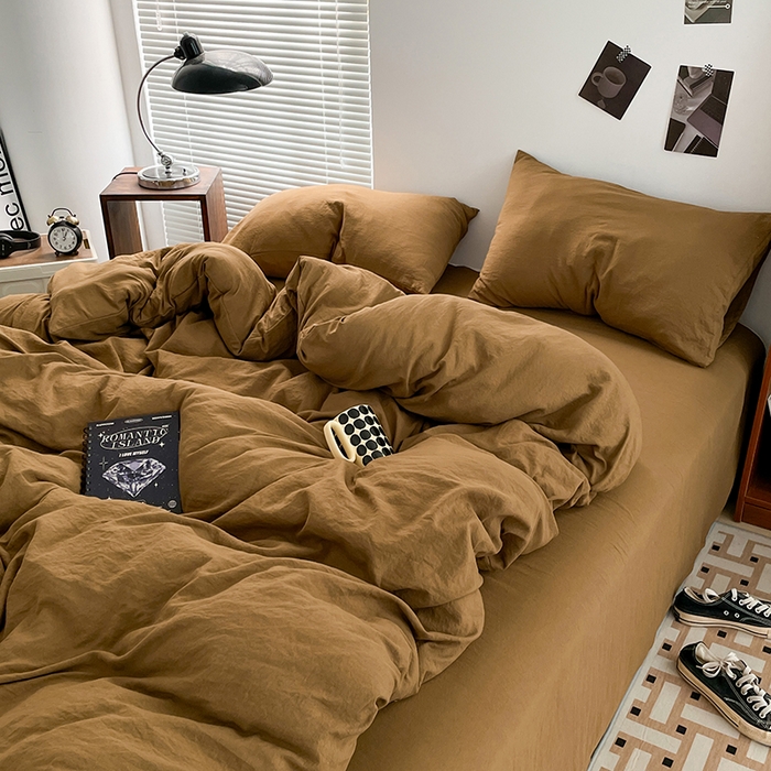 91家纺网 家纺一手货源 找家纺 优尚佳生活馆 2025新款ins风超柔褶皱亲肤磨毛水洗棉四件套纯色系列（风格二） 玛瑙黄