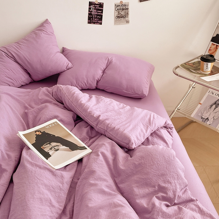91家纺网 家纺一手货源 找家纺 优尚佳生活馆 2025新款ins风超柔褶皱亲肤磨毛水洗棉四件套纯色系列（风格一） 芋泥紫