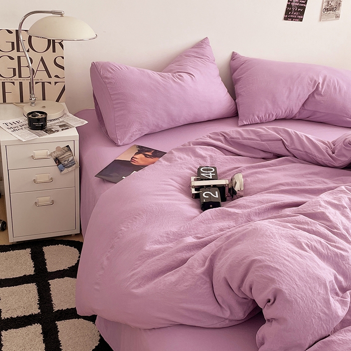 91家纺网 家纺一手货源 找家纺 优尚佳生活馆 2025新款ins风超柔褶皱亲肤磨毛水洗棉四件套纯色系列（风格一） 芋泥紫