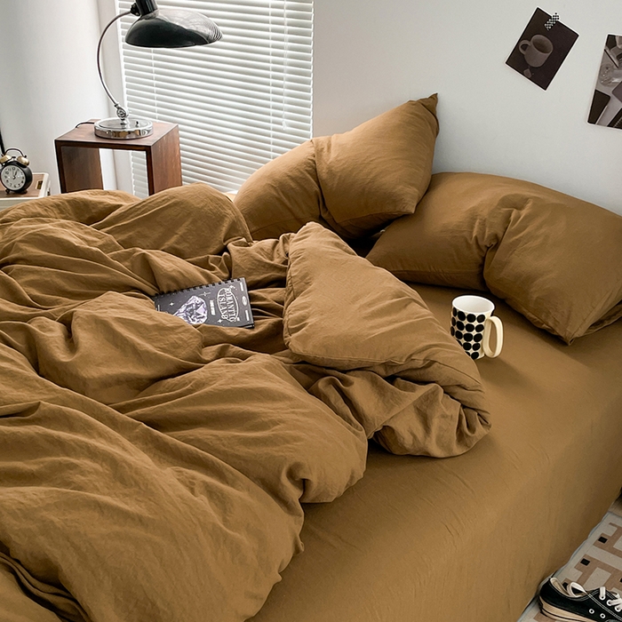 91家纺网 家纺一手货源 找家纺 优尚佳生活馆 2025新款ins风超柔褶皱亲肤磨毛水洗棉四件套纯色系列（风格二） 玛瑙黄