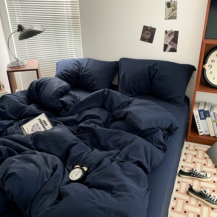 91家纺网 家纺一手货源 找家纺 优尚佳生活馆 2025新款ins风超柔褶皱亲肤磨毛水洗棉四件套纯色系列（风格二） 梦幻蓝