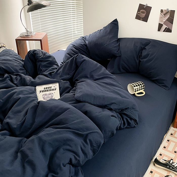 91家纺网 家纺一手货源 找家纺 优尚佳生活馆 2025新款ins风超柔褶皱亲肤磨毛水洗棉四件套纯色系列（风格二） 梦幻蓝