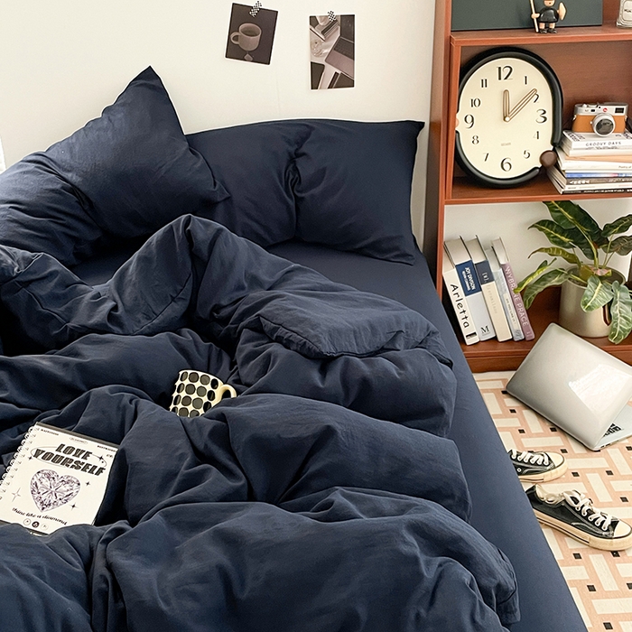 91家纺网 家纺一手货源 找家纺 优尚佳生活馆 2025新款ins风超柔褶皱亲肤磨毛水洗棉四件套纯色系列（风格二） 梦幻蓝