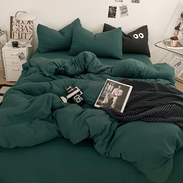 优尚佳生活馆 2025新款ins风超柔褶皱亲肤磨毛水洗棉四件套纯色系列（风格一） 宝石绿