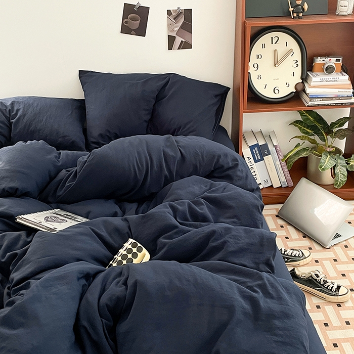 91家纺网 家纺一手货源 找家纺 优尚佳生活馆 2025新款ins风超柔褶皱亲肤磨毛水洗棉四件套纯色系列（风格二） 梦幻蓝