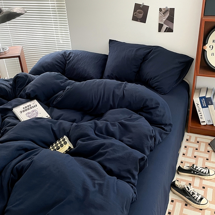 91家纺网 家纺一手货源 找家纺 优尚佳生活馆 2025新款ins风超柔褶皱亲肤磨毛水洗棉四件套纯色系列（风格二） 梦幻蓝