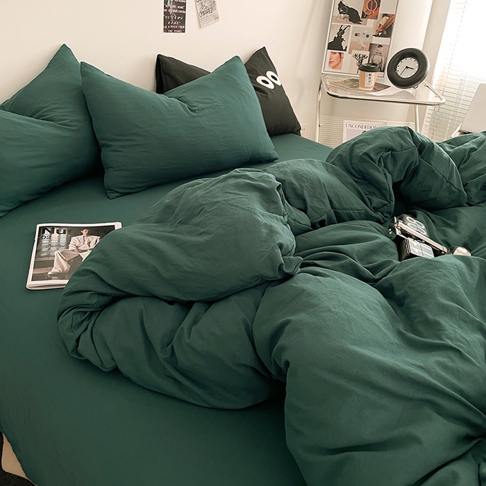 91家纺网 家纺一手货源 找家纺 优尚佳生活馆 2025新款ins风超柔褶皱亲肤磨毛水洗棉四件套纯色系列（风格一） 宝石绿