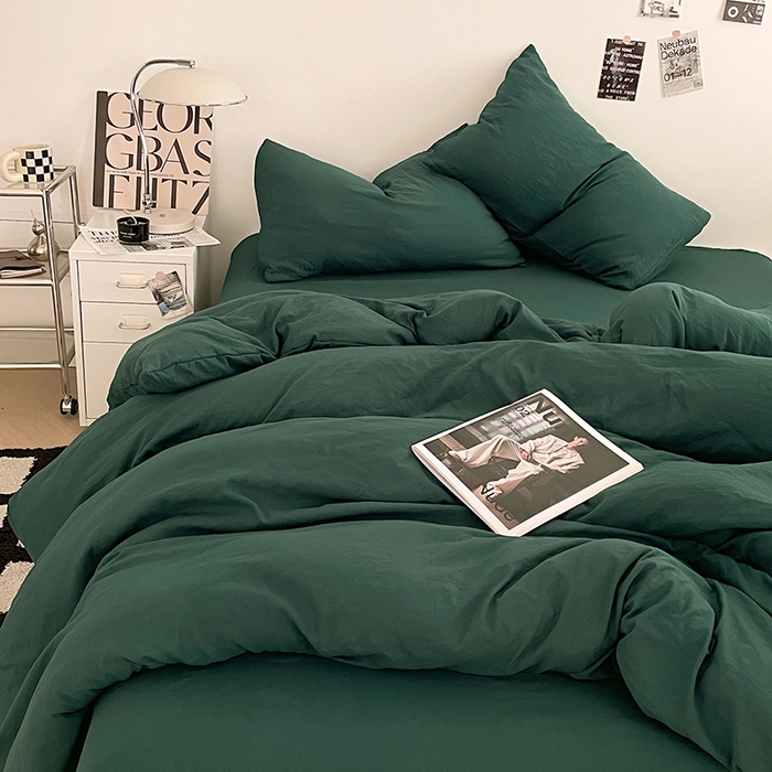 91家纺网 家纺一手货源 找家纺 优尚佳生活馆 2025新款ins风超柔褶皱亲肤磨毛水洗棉四件套纯色系列（风格一） 宝石绿