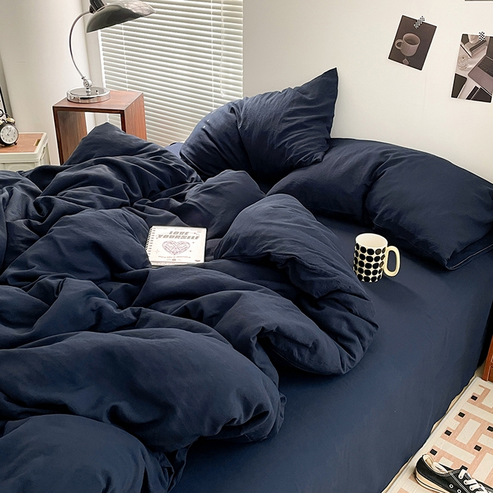 91家纺网 家纺一手货源 找家纺 优尚佳生活馆 2025新款ins风超柔褶皱亲肤磨毛水洗棉四件套纯色系列（风格二） 梦幻蓝