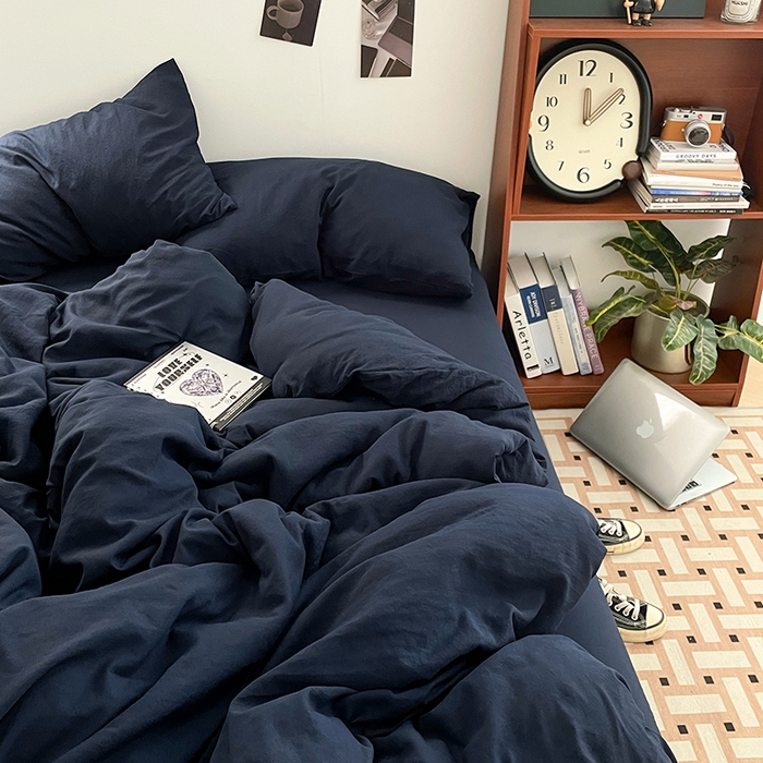 91家纺网 家纺一手货源 找家纺 优尚佳生活馆 2025新款ins风超柔褶皱亲肤磨毛水洗棉四件套纯色系列（风格二） 梦幻蓝