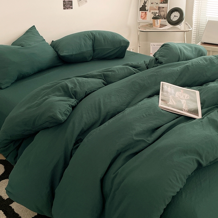 91家纺网 家纺一手货源 找家纺 优尚佳生活馆 2025新款ins风超柔褶皱亲肤磨毛水洗棉四件套纯色系列（风格一） 宝石绿