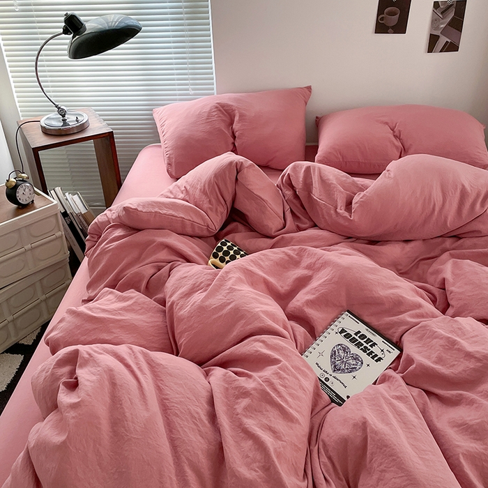优尚佳生活馆 2025新款ins风超柔褶皱亲肤磨毛水洗棉四件套纯色系列（风格二） 梦露粉