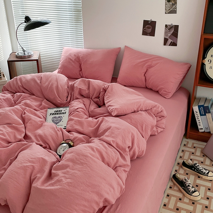 91家纺网 家纺一手货源 找家纺 优尚佳生活馆 2025新款ins风超柔褶皱亲肤磨毛水洗棉四件套纯色系列（风格二） 梦露粉