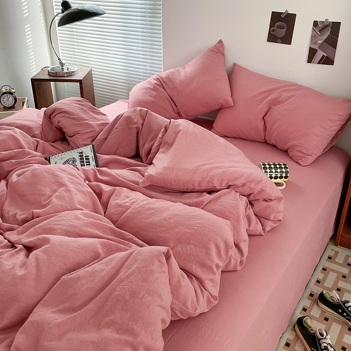 91家纺网 家纺一手货源 找家纺 优尚佳生活馆 2025新款ins风超柔褶皱亲肤磨毛水洗棉四件套纯色系列（风格二） 梦露粉