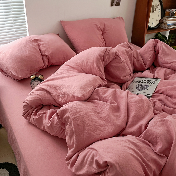 91家纺网 家纺一手货源 找家纺 优尚佳生活馆 2025新款ins风超柔褶皱亲肤磨毛水洗棉四件套纯色系列（风格二） 梦露粉