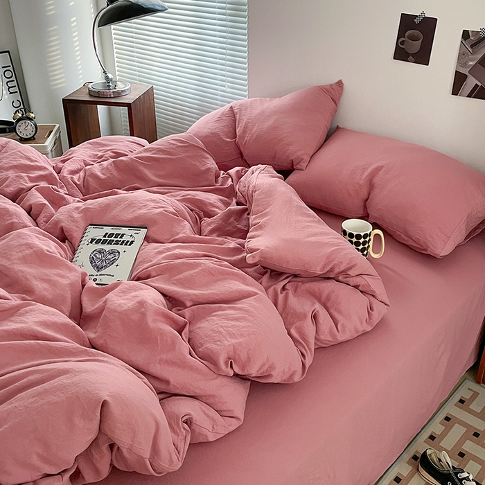 91家纺网 家纺一手货源 找家纺 优尚佳生活馆 2025新款ins风超柔褶皱亲肤磨毛水洗棉四件套纯色系列（风格二） 梦露粉