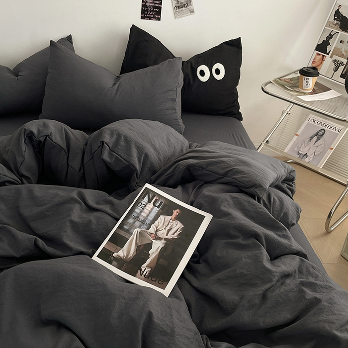 91家纺网 家纺一手货源 找家纺 优尚佳生活馆 2025新款ins风超柔褶皱亲肤磨毛水洗棉四件套纯色系列（风格一） 布鲁灰