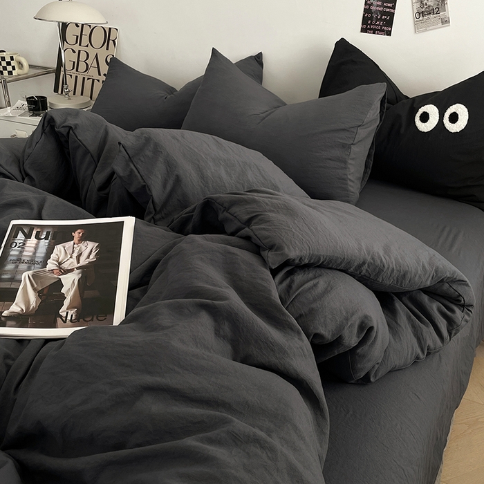 91家纺网 家纺一手货源 找家纺 优尚佳生活馆 2025新款ins风超柔褶皱亲肤磨毛水洗棉四件套纯色系列（风格一） 布鲁灰
