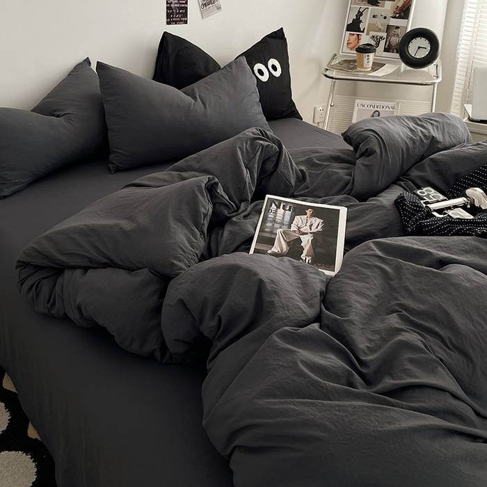 91家纺网 家纺一手货源 找家纺 优尚佳生活馆 2025新款ins风超柔褶皱亲肤磨毛水洗棉四件套纯色系列（风格一） 布鲁灰