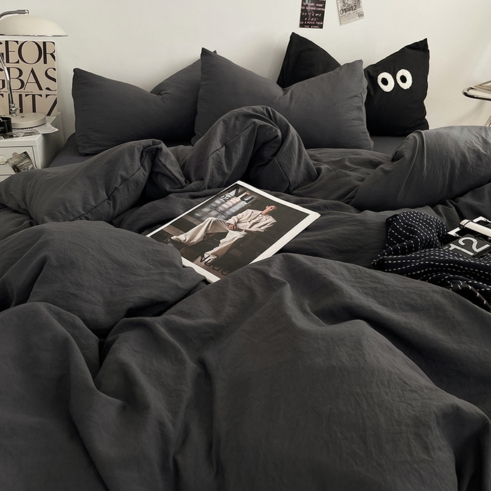 91家纺网 家纺一手货源 找家纺 优尚佳生活馆 2025新款ins风超柔褶皱亲肤磨毛水洗棉四件套纯色系列（风格一） 布鲁灰