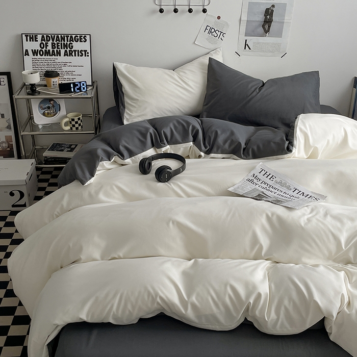 91家纺网 家纺一手货源 找家纺 优尚佳生活馆 2025新款无印风亲肤磨毛四件套-纯色 奶白灰