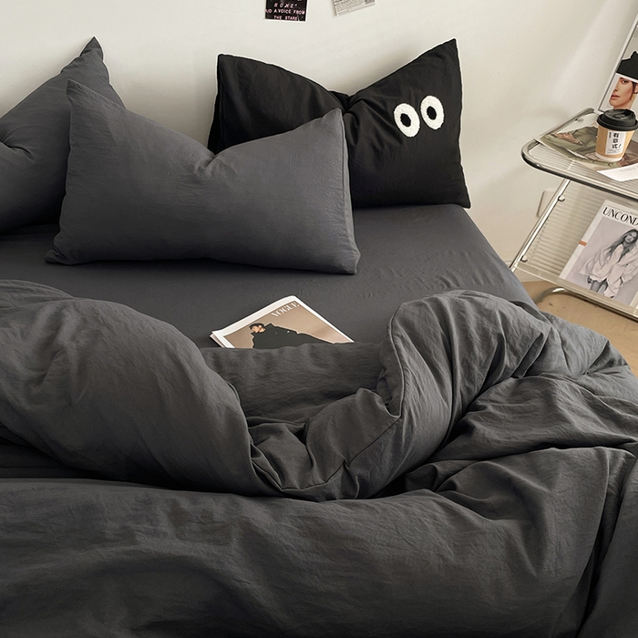 91家纺网 家纺一手货源 找家纺 优尚佳生活馆 2025新款ins风超柔褶皱亲肤磨毛水洗棉四件套纯色系列（风格一） 布鲁灰