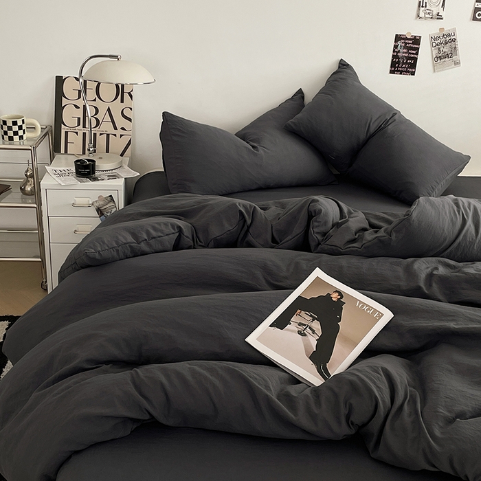 91家纺网 家纺一手货源 找家纺 优尚佳生活馆 2025新款ins风超柔褶皱亲肤磨毛水洗棉四件套纯色系列（风格一） 布鲁灰