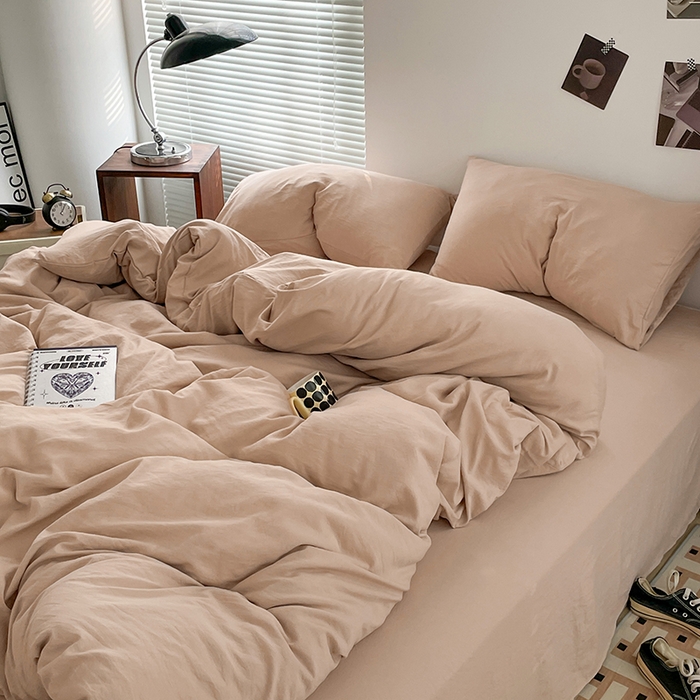 91家纺网 家纺一手货源 找家纺 优尚佳生活馆 2025新款ins风超柔褶皱亲肤磨毛水洗棉四件套纯色系列（风格二） 奶茶