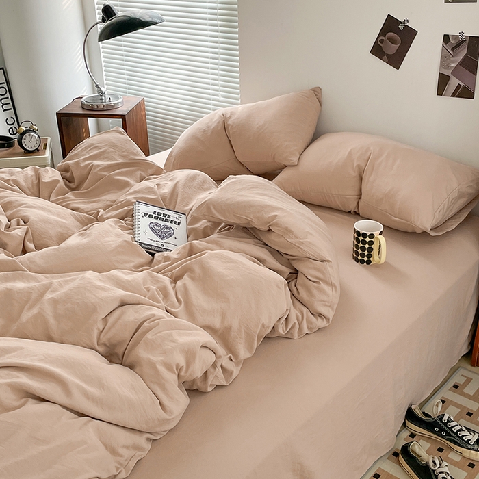 91家纺网 家纺一手货源 找家纺 优尚佳生活馆 2025新款ins风超柔褶皱亲肤磨毛水洗棉四件套纯色系列（风格二） 奶茶