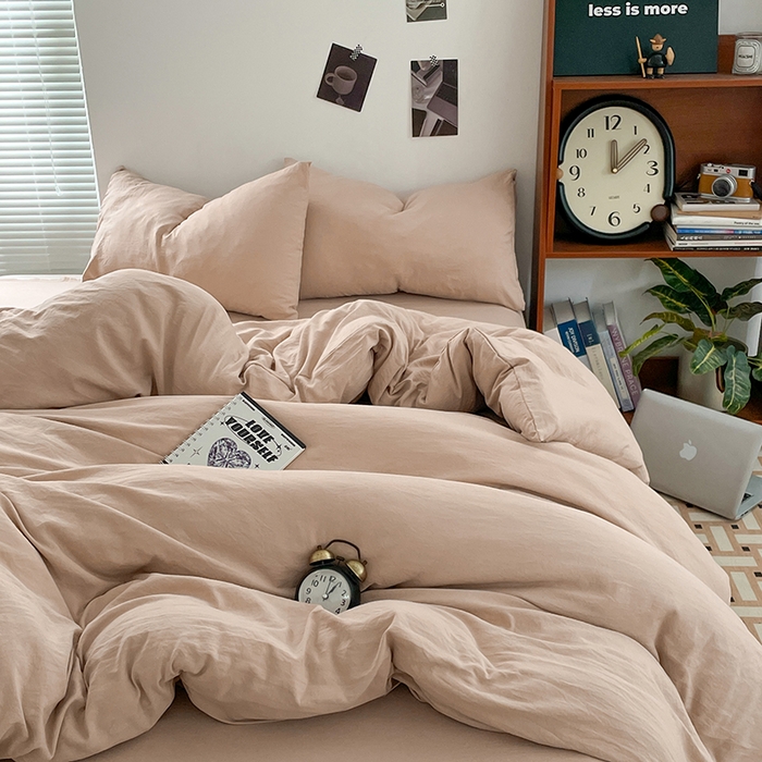 91家纺网 家纺一手货源 找家纺 优尚佳生活馆 2025新款ins风超柔褶皱亲肤磨毛水洗棉四件套纯色系列（风格二） 奶茶