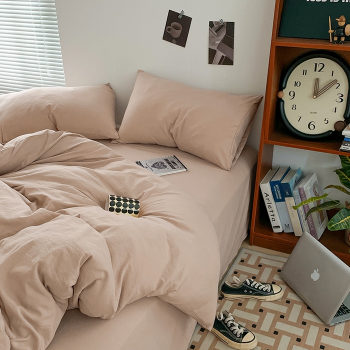 91家纺网 家纺一手货源 找家纺 优尚佳生活馆 2025新款ins风超柔褶皱亲肤磨毛水洗棉四件套纯色系列（风格二） 奶茶