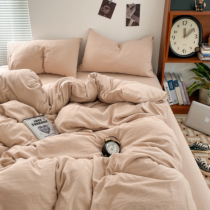 91家纺网 家纺一手货源 找家纺 优尚佳生活馆 2025新款ins风超柔褶皱亲肤磨毛水洗棉四件套纯色系列（风格二） 奶茶