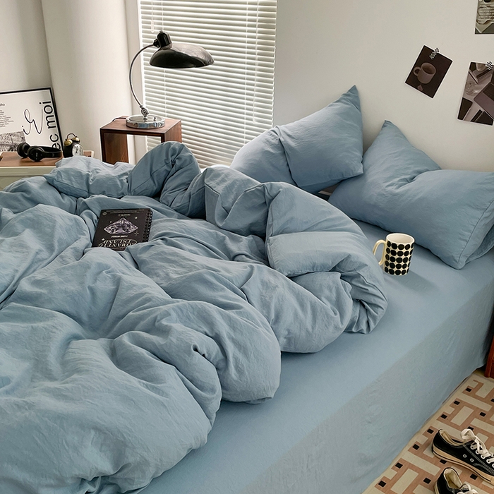 91家纺网 家纺一手货源 找家纺 优尚佳生活馆 2025新款ins风超柔褶皱亲肤磨毛水洗棉四件套纯色系列（风格二） 尼罗蓝