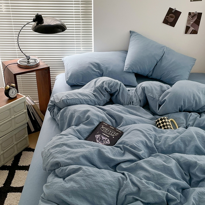 91家纺网 家纺一手货源 找家纺 优尚佳生活馆 2025新款ins风超柔褶皱亲肤磨毛水洗棉四件套纯色系列（风格二） 尼罗蓝