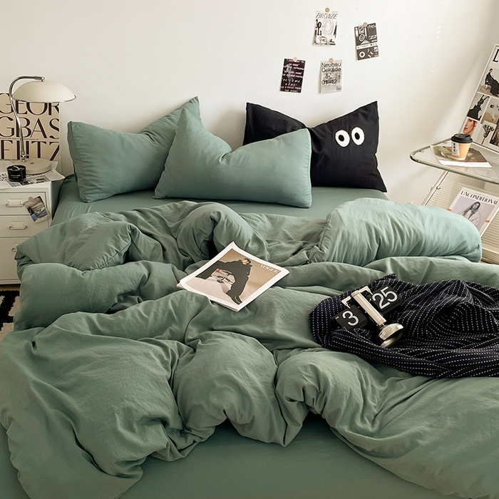 优尚佳生活馆 2025新款ins风超柔褶皱亲肤磨毛水洗棉四件套纯色系列（风格一） 清新绿