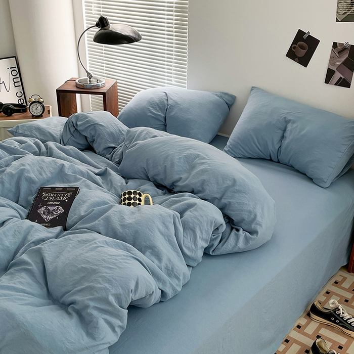 91家纺网 家纺一手货源 找家纺 优尚佳生活馆 2025新款ins风超柔褶皱亲肤磨毛水洗棉四件套纯色系列（风格二） 尼罗蓝